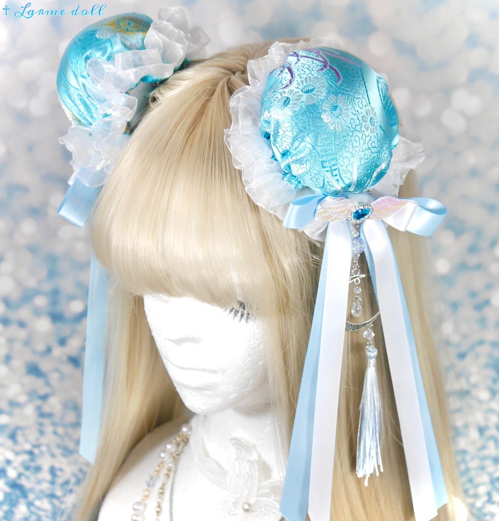 【受注生産】《☥》天使チャイナお団子カバー(縁オーガンジーレース白)(本体カバーカラー▷和華水色)(接合パーツ、月チャームシルバーカラーVer.)