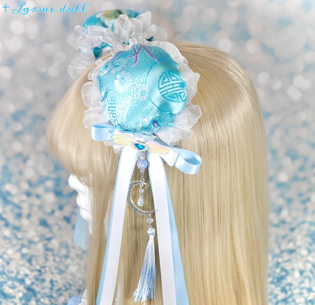 【受注生産】《☥》天使チャイナお団子カバー(縁オーガンジーレース白)(本体カバーカラー▷和華水色)(接合パーツ、月チャームシルバーカラーVer.)