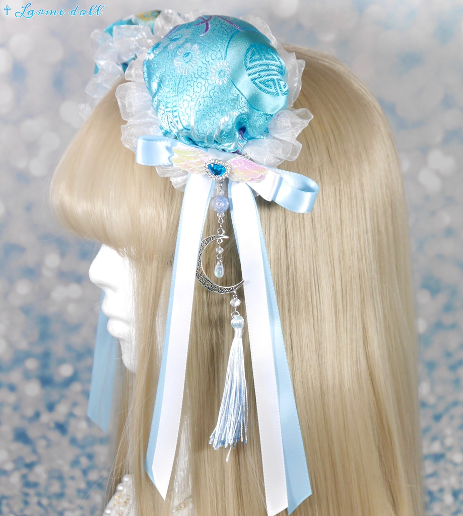 【受注生産】《☥》天使チャイナお団子カバー(縁オーガンジーレース白)(本体カバーカラー▷和華水色)(接合パーツ、月チャームシルバーカラーVer.)