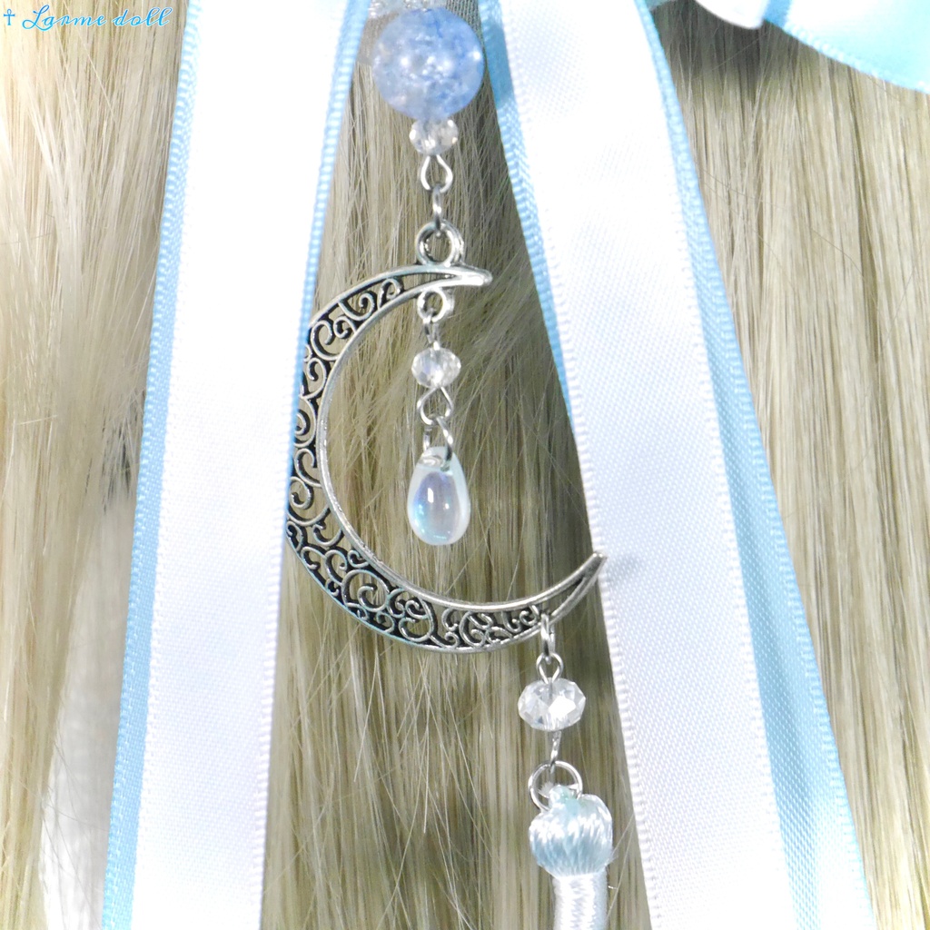 【受注生産】《☥》天使チャイナお団子カバー(縁オーガンジーレース白)(本体カバーカラー▷和華水色)(接合パーツ、月チャームシルバーカラーVer.)