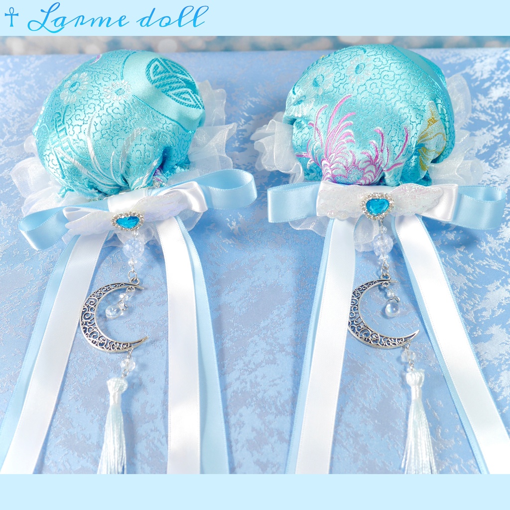 【受注生産】《☥》天使チャイナお団子カバー(縁オーガンジーレース白)(本体カバーカラー▷和華水色)(接合パーツ、月チャームシルバーカラーVer.)