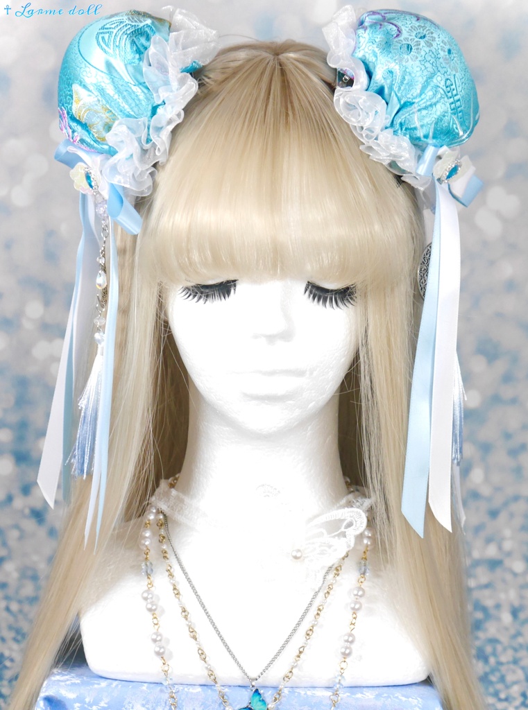 【受注生産】《☥》天使チャイナお団子カバー(縁オーガンジーレース白)(本体カバーカラー▷和華水色)(接合パーツ、月チャームシルバーカラーVer.)