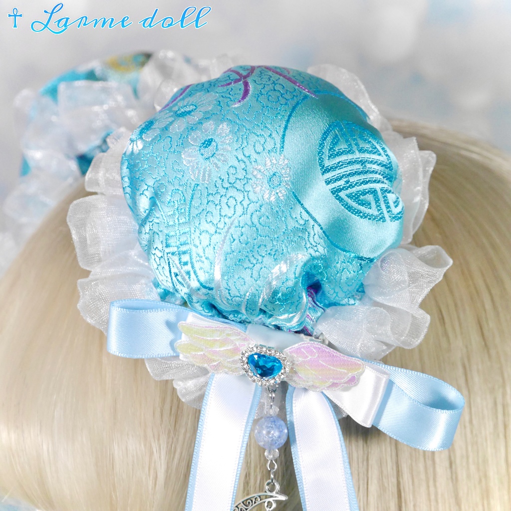 【受注生産】《☥》天使チャイナお団子カバー(縁オーガンジーレース白)(本体カバーカラー▷和華水色)(接合パーツ、月チャームシルバーカラーVer.)