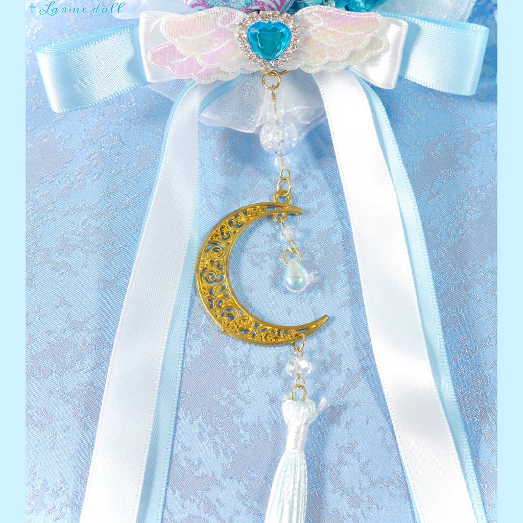 【受注生産】《☥》天使チャイナお団子カバー(縁オーガンジーレース白)(本体カバーカラー▷和華水色)(接合パーツ、月チャームゴールドカラーVer.)