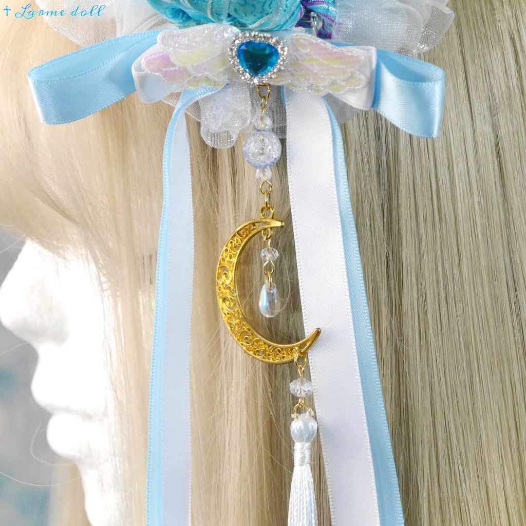 【受注生産】《☥》天使チャイナお団子カバー(縁オーガンジーレース白)(本体カバーカラー▷和華水色)(接合パーツ、月チャームゴールドカラーVer.)