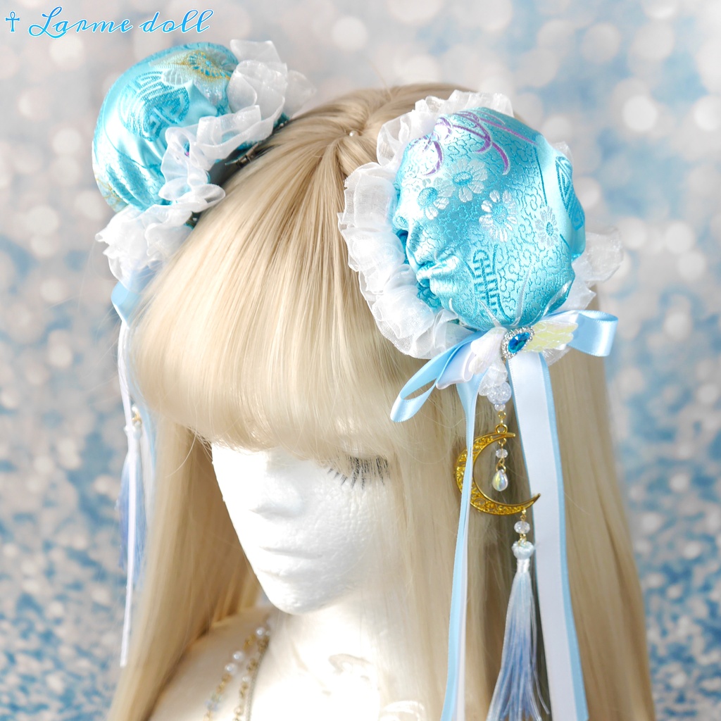 【受注生産】《☥》天使チャイナお団子カバー(縁オーガンジーレース白)(本体カバーカラー▷和華水色)(接合パーツ、月チャームゴールドカラーVer.)