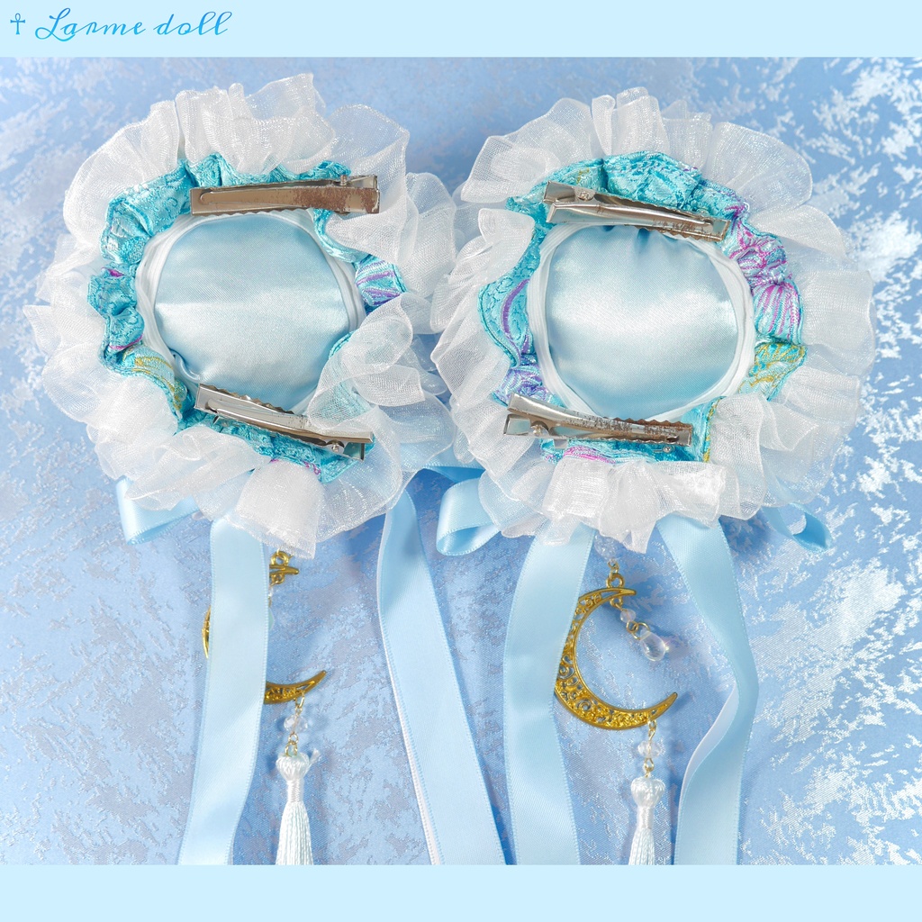 【受注生産】《☥》天使チャイナお団子カバー(縁オーガンジーレース白)(本体カバーカラー▷和華水色)(接合パーツ、月チャームゴールドカラーVer.)