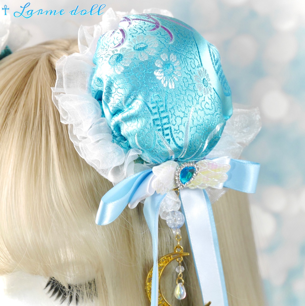 【受注生産】《☥》天使チャイナお団子カバー(縁オーガンジーレース白)(本体カバーカラー▷和華水色)(接合パーツ、月チャームゴールドカラーVer.)