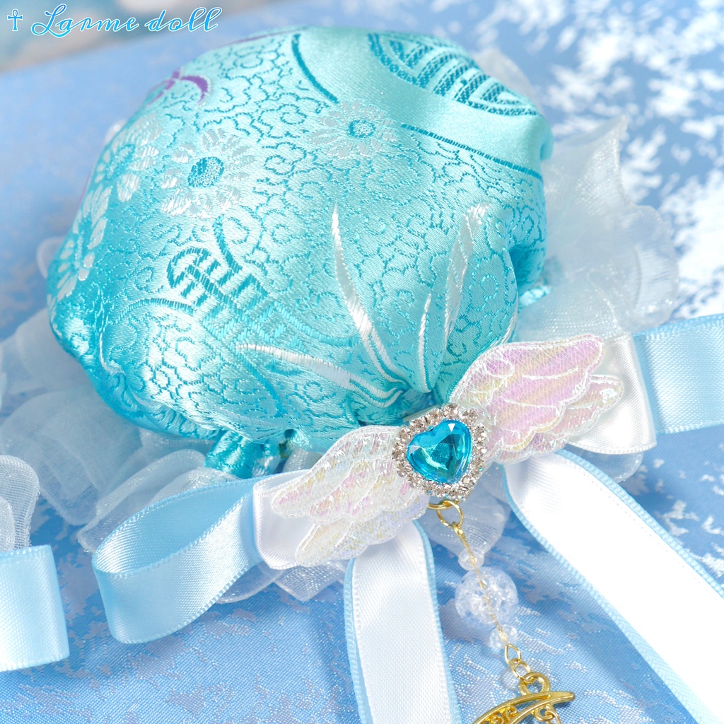 【受注生産】《☥》天使チャイナお団子カバー(縁オーガンジーレース白)(本体カバーカラー▷和華水色)(接合パーツ、月チャームゴールドカラーVer.)