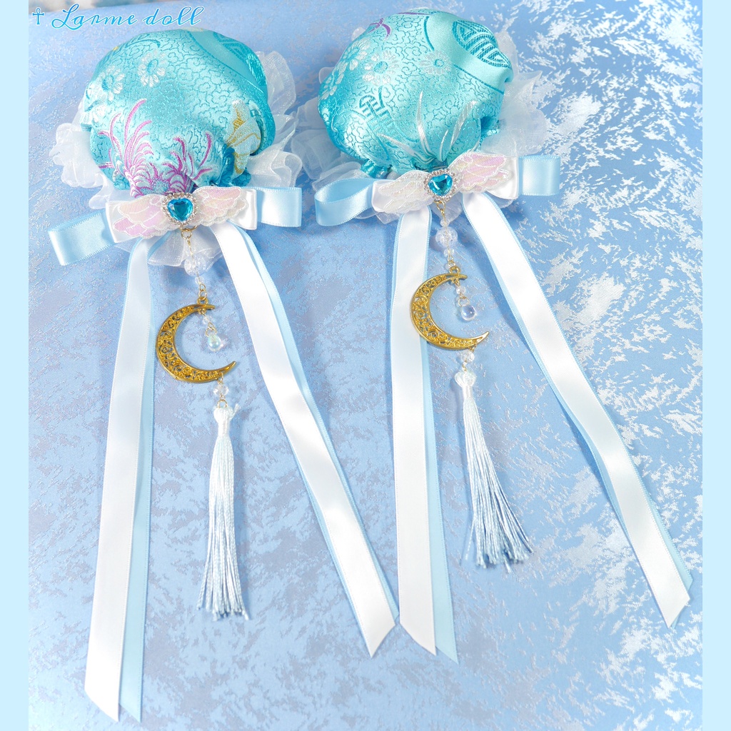 【受注生産】《☥》天使チャイナお団子カバー(縁オーガンジーレース白)(本体カバーカラー▷和華水色)(接合パーツ、月チャームゴールドカラーVer.)