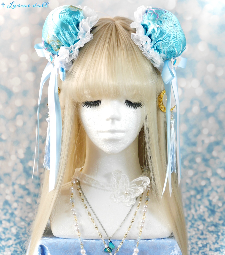 【受注生産】《☥》天使チャイナお団子カバー(縁オーガンジーレース白)(本体カバーカラー▷和華水色)(接合パーツ、月チャームゴールドカラーVer.)