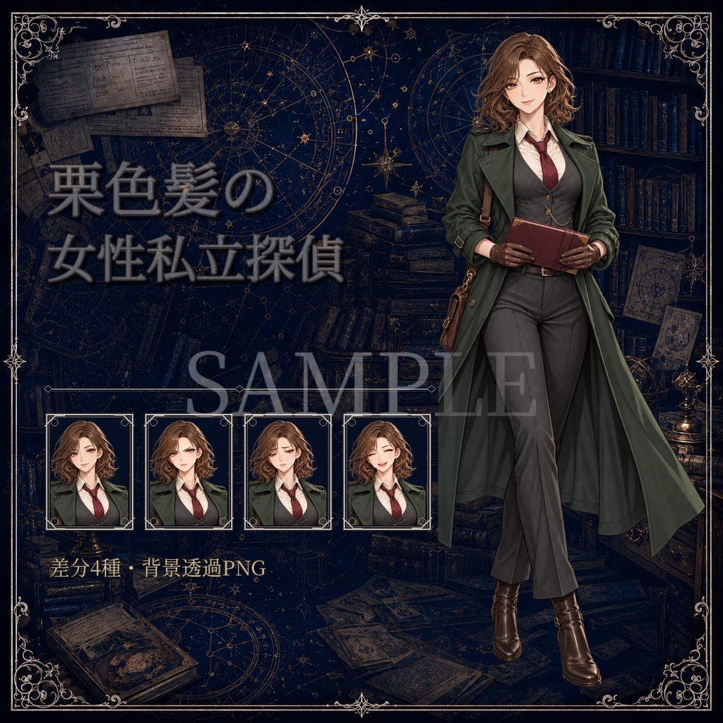 【TRPG立ち絵】栗色髪の女性私立探偵｜表情差分4種【背景透過PNG】