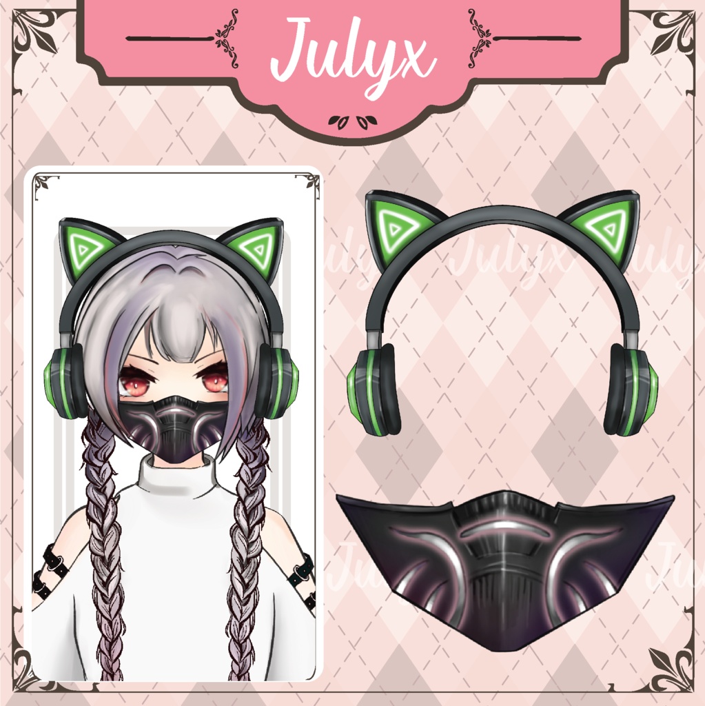 セット:Vtuberモデル用マスク+猫ヘッドフォン(マスク2色+ヘッドフォン7色)