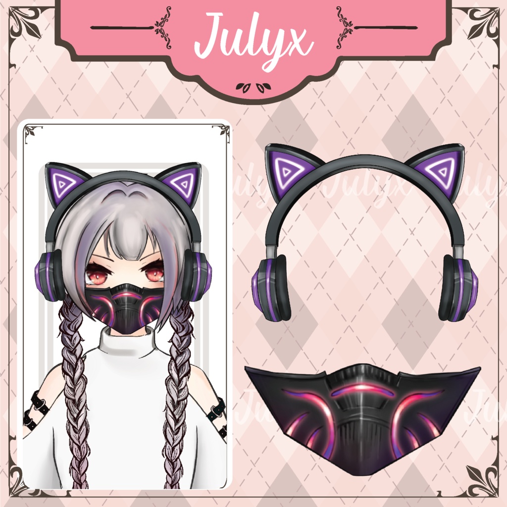 セット:Vtuberモデル用マスク+猫ヘッドフォン(マスク2色+ヘッドフォン7色)