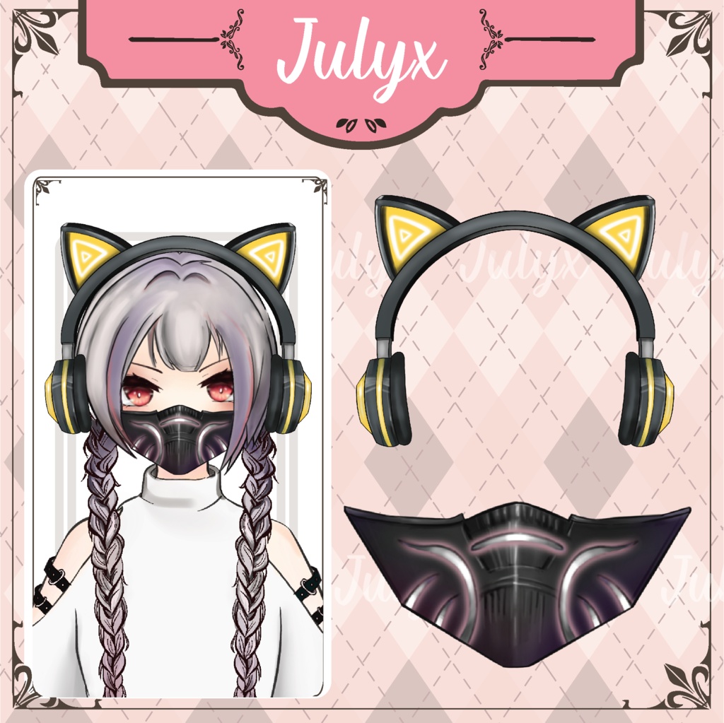 セット:Vtuberモデル用マスク+猫ヘッドフォン(マスク2色+ヘッドフォン7色)