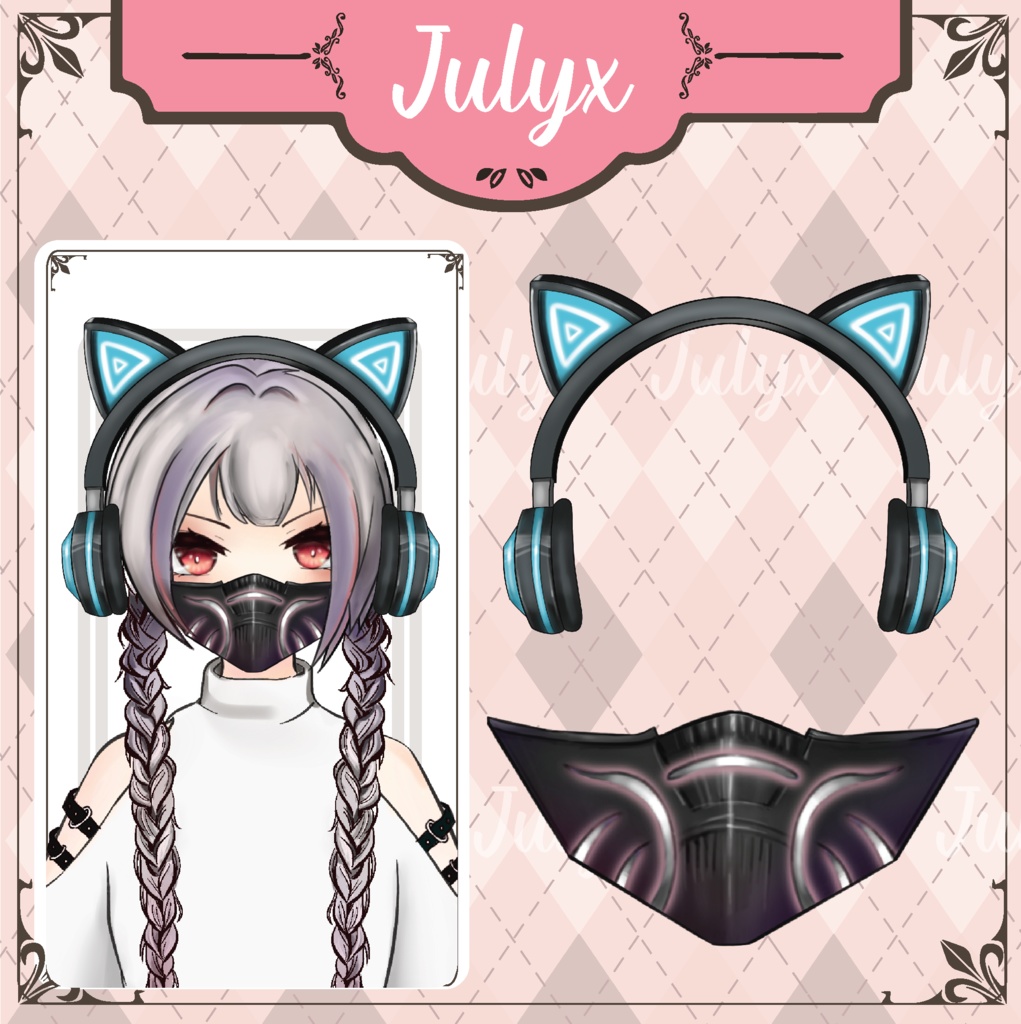 セット:Vtuberモデル用マスク+猫ヘッドフォン(マスク2色+ヘッドフォン7色)