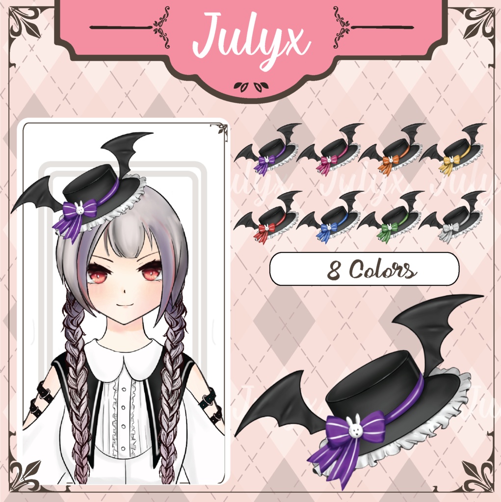 Vtuberモデル用の弓とコウモリの羽が付いた帽子(8色)
