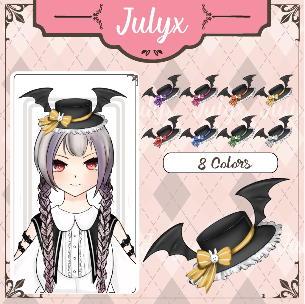 Vtuberモデル用の弓とコウモリの羽が付いた帽子(8色)