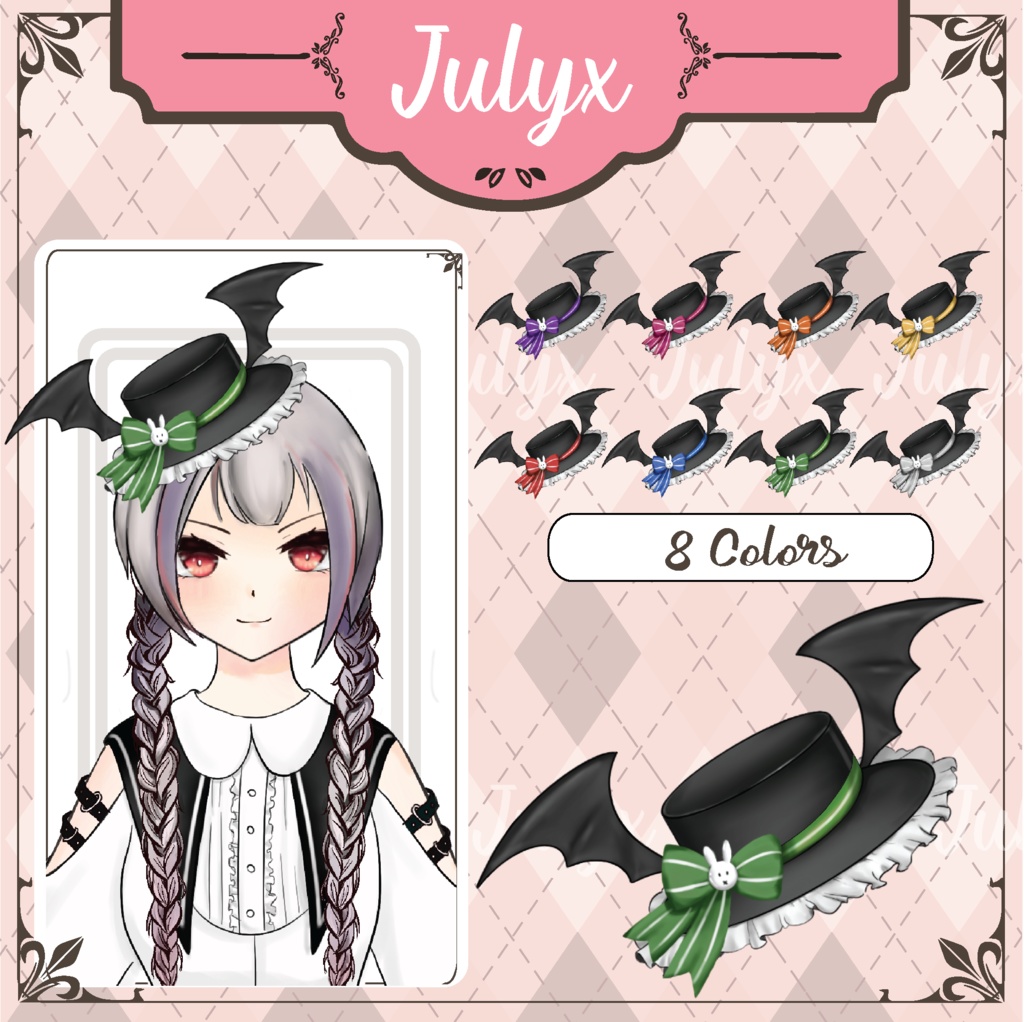 Vtuberモデル用の弓とコウモリの羽が付いた帽子(8色)