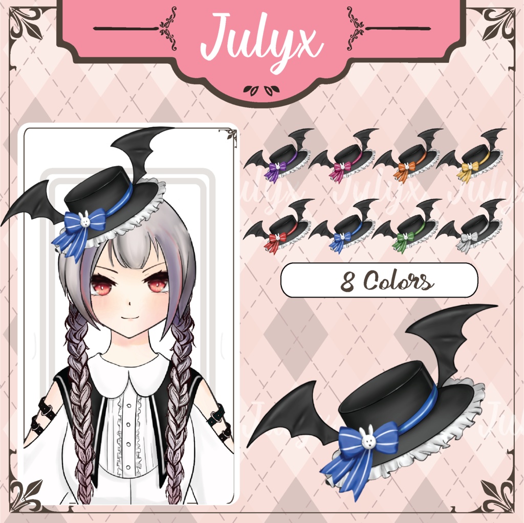 Vtuberモデル用の弓とコウモリの羽が付いた帽子(8色)