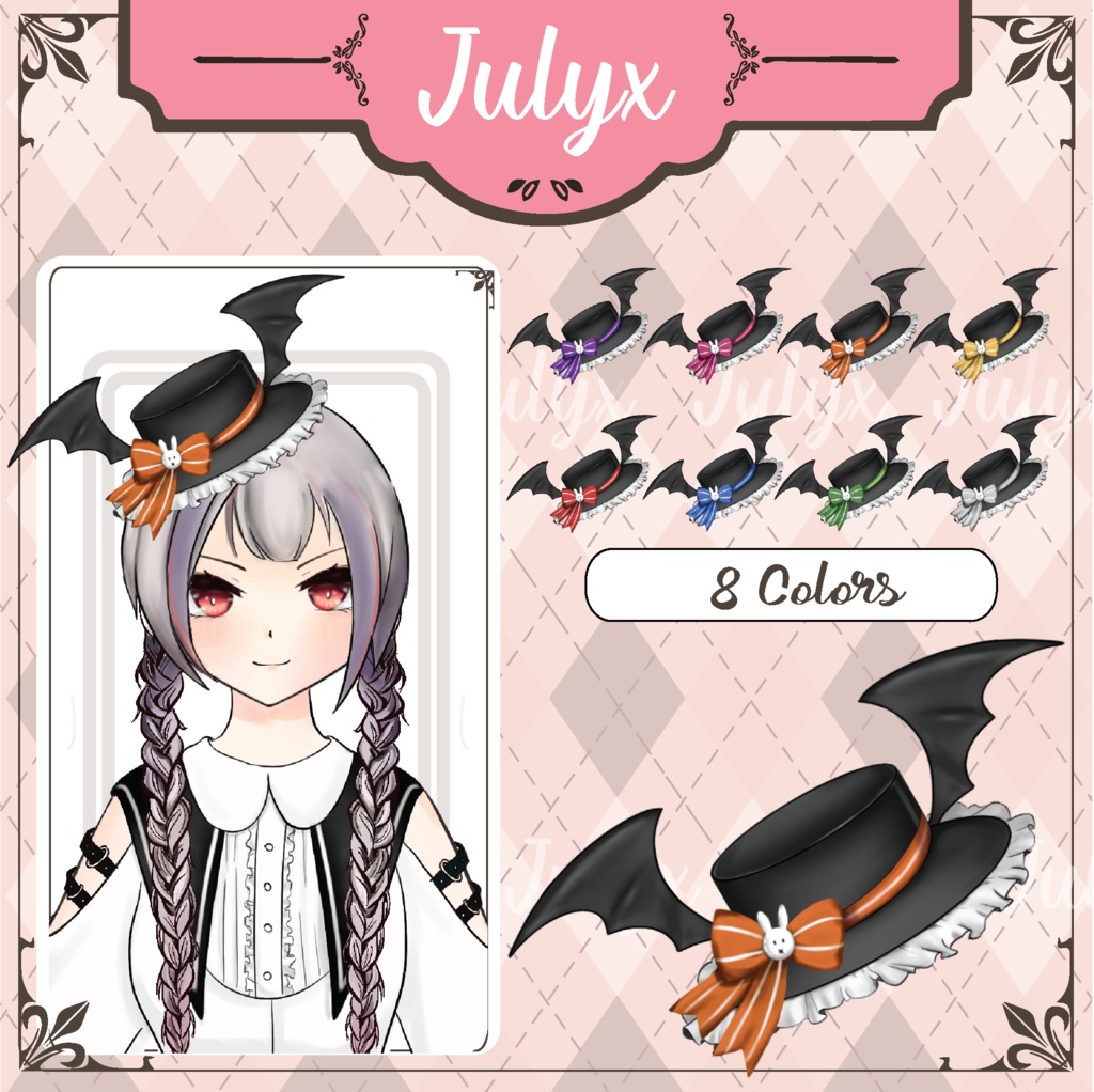Vtuberモデル用の弓とコウモリの羽が付いた帽子(8色)