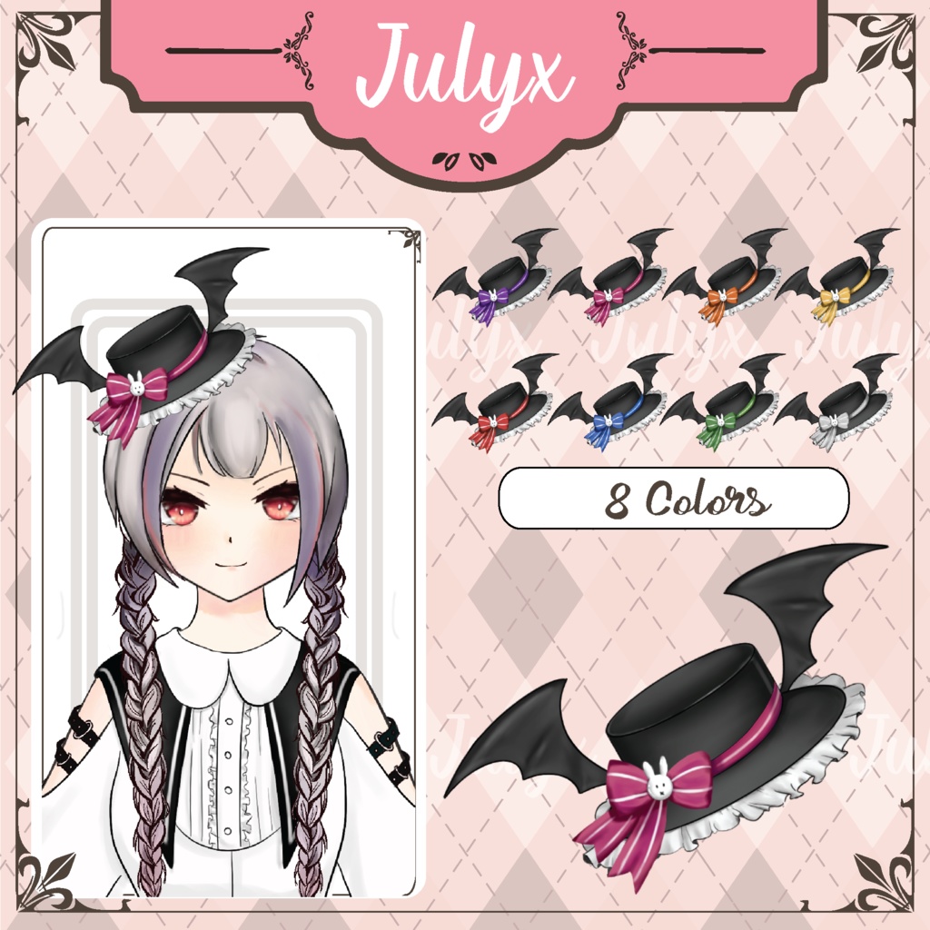 Vtuberモデル用の弓とコウモリの羽が付いた帽子(8色)