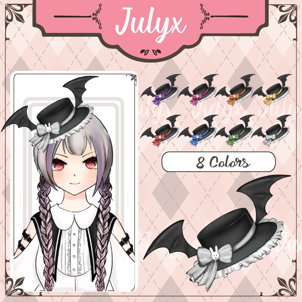 Vtuberモデル用の弓とコウモリの羽が付いた帽子(8色)