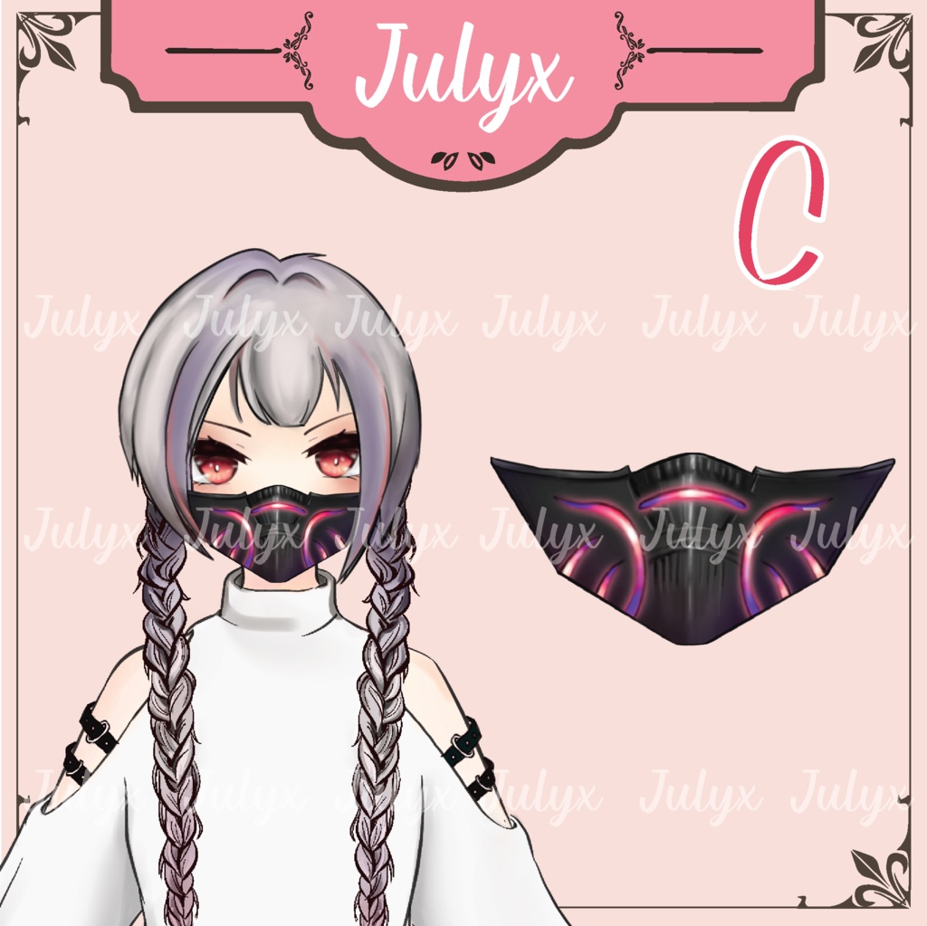 悪魔のコウモリ翼デザインのヘッドフォンを装着し、 ハンドガンを持つ手とマスクを備えた FPS ApexをプレイするVtuberモデル(Vtuber用素材)