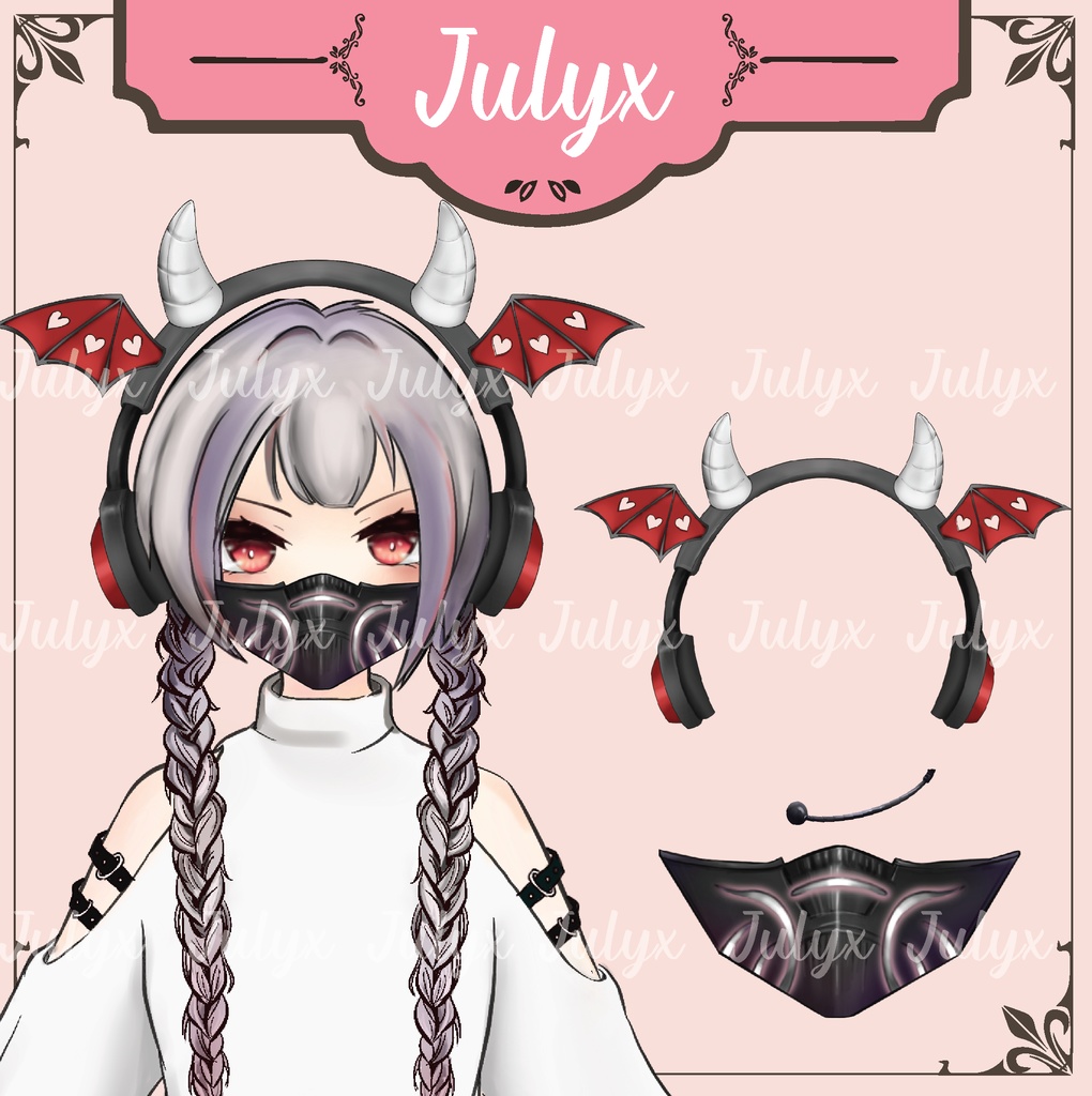 悪魔のコウモリ翼デザインのヘッドフォンを装着し、 ハンドガンを持つ手とマスクを備えた FPS ApexをプレイするVtuberモデル(Vtuber用素材)