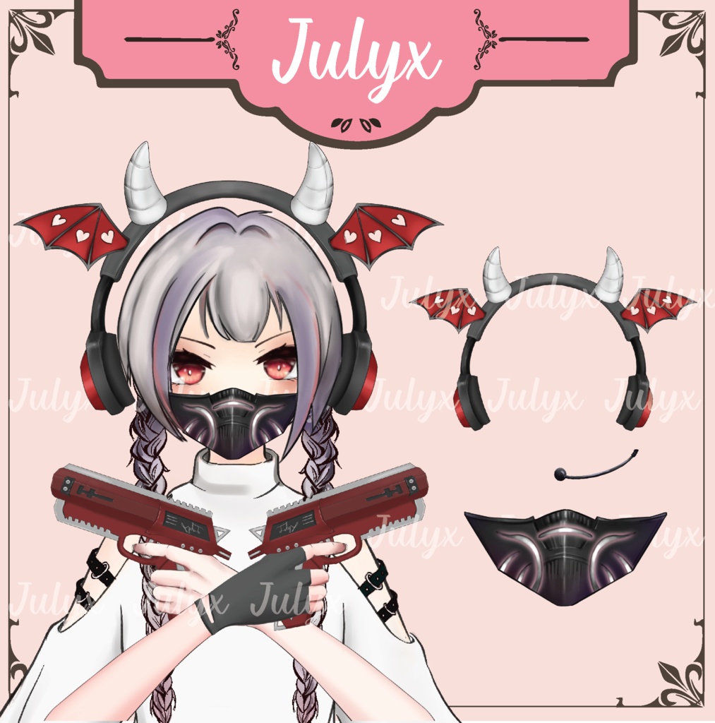 悪魔のコウモリ翼デザインのヘッドフォンを装着し、 ハンドガンを持つ手とマスクを備えた FPS ApexをプレイするVtuberモデル(Vtuber用素材)