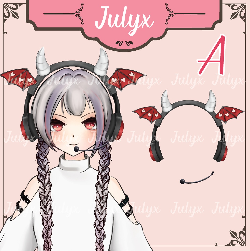 悪魔のコウモリ翼デザインのヘッドフォンを装着し、 ハンドガンを持つ手とマスクを備えた FPS ApexをプレイするVtuberモデル(Vtuber用素材)