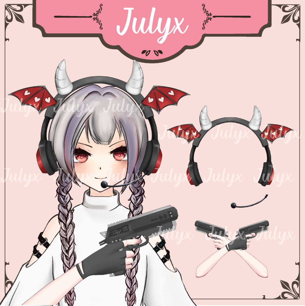 悪魔のコウモリ翼デザインのヘッドフォンを装着し、 ハンドガンを持つ手とマスクを備えた FPS ApexをプレイするVtuberモデル(Vtuber用素材)