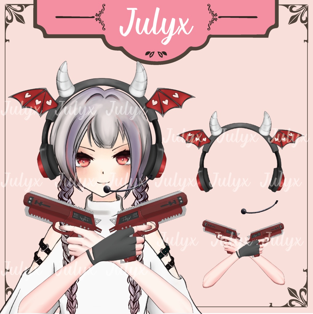 悪魔のコウモリ翼デザインのヘッドフォンを装着し、 ハンドガンを持つ手とマスクを備えた FPS ApexをプレイするVtuberモデル(Vtuber用素材)