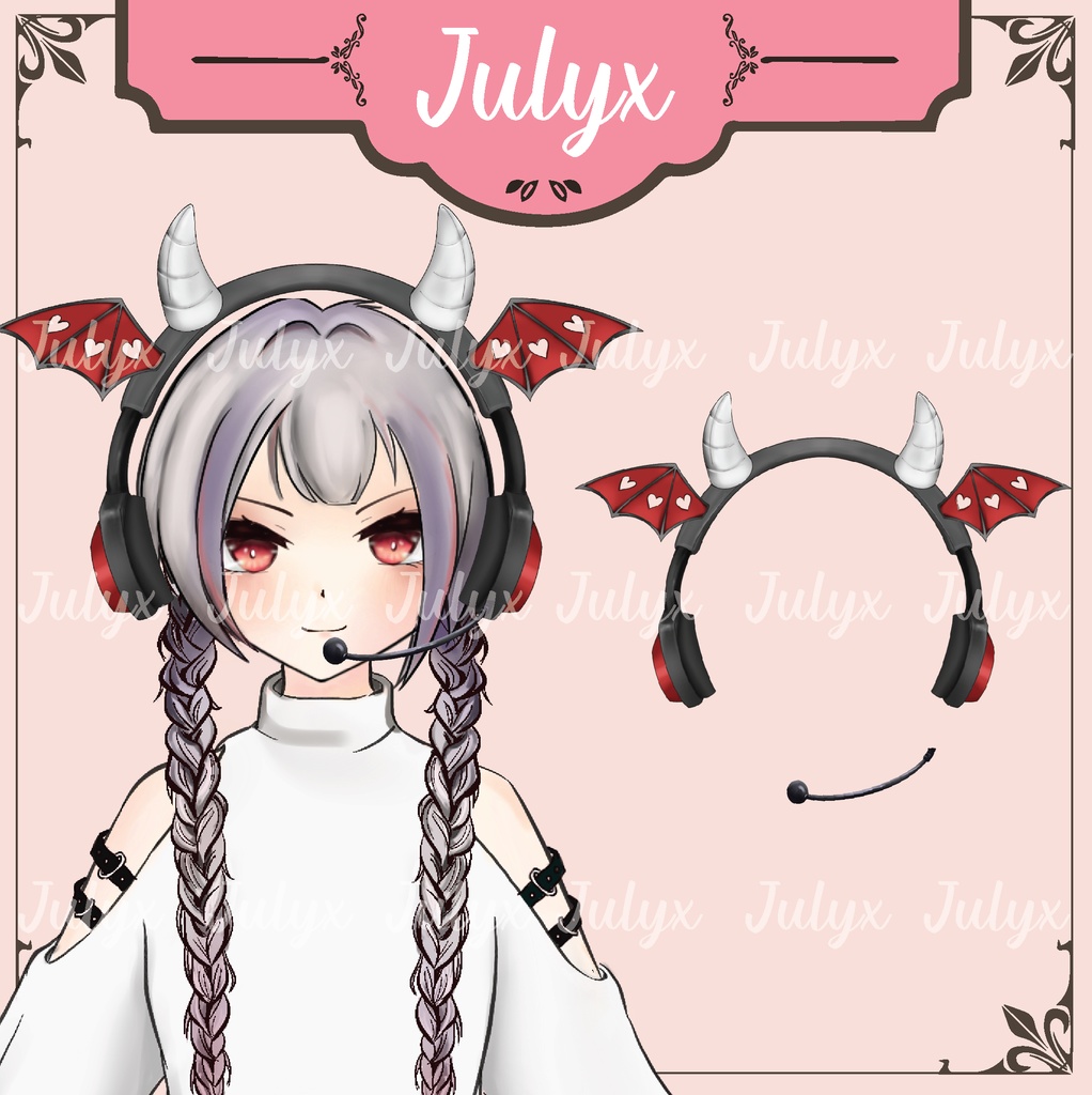 悪魔のコウモリ翼デザインのヘッドフォンを装着し、 ハンドガンを持つ手とマスクを備えた FPS ApexをプレイするVtuberモデル(Vtuber用素材)