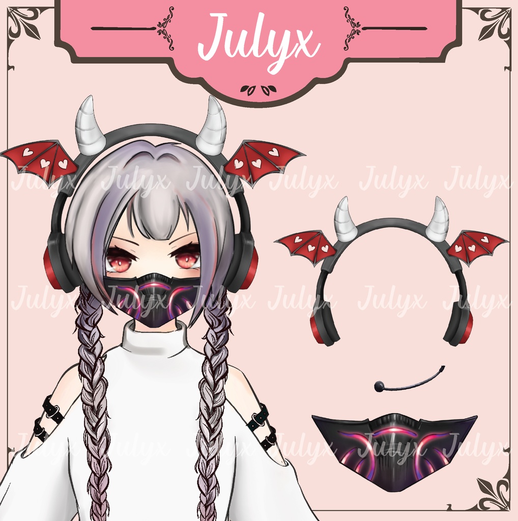 悪魔のコウモリ翼デザインのヘッドフォンを装着し、 ハンドガンを持つ手とマスクを備えた FPS ApexをプレイするVtuberモデル(Vtuber用素材)