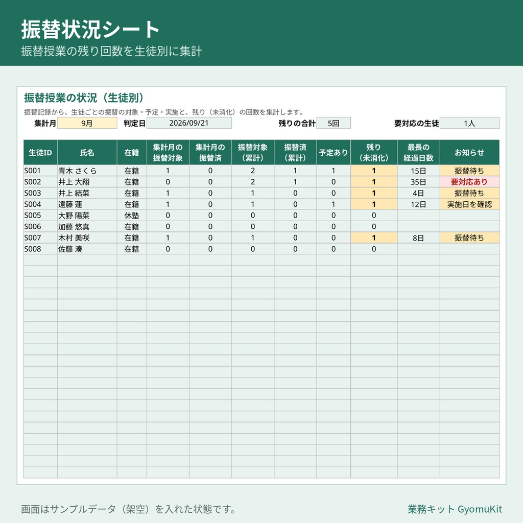 個人塾の生徒・月謝管理表(月謝袋・領収書の印刷/振替・未納チェック)【Excel・Googleスプレッドシート対応】