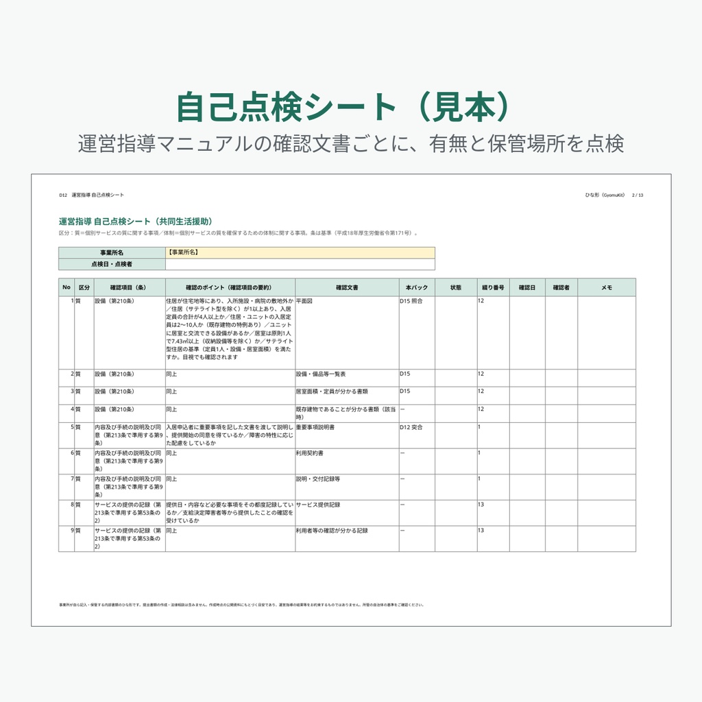 障害者グループホーム(共同生活援助)の運営指導に備える内部書類ひな形(17種類・計24ファイル)|指針・委員会・BCP・費用の確認表・自己点検シート【Word・Excel】