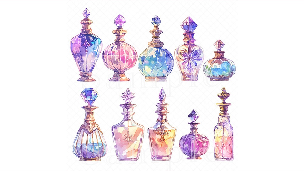 【web/印刷用】香水瓶水彩イラスト素材集【無料あり】