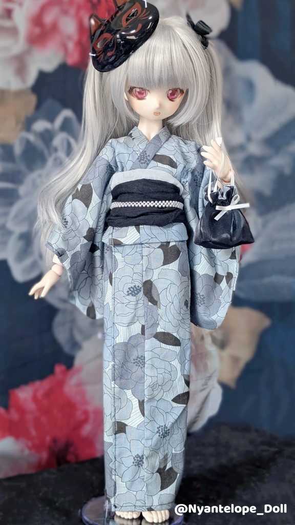 洋花のお嬢様浴衣(黒)【Nyantelope】MDD 浴衣 巾着