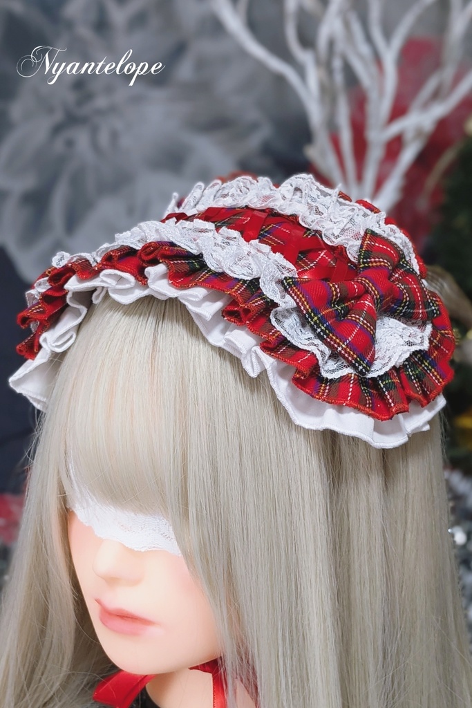 タータンチェックヘッドドレス(ホワイト、ブラック)【Nyantelope】 ロリータ ロリィタ ヘッドドレス