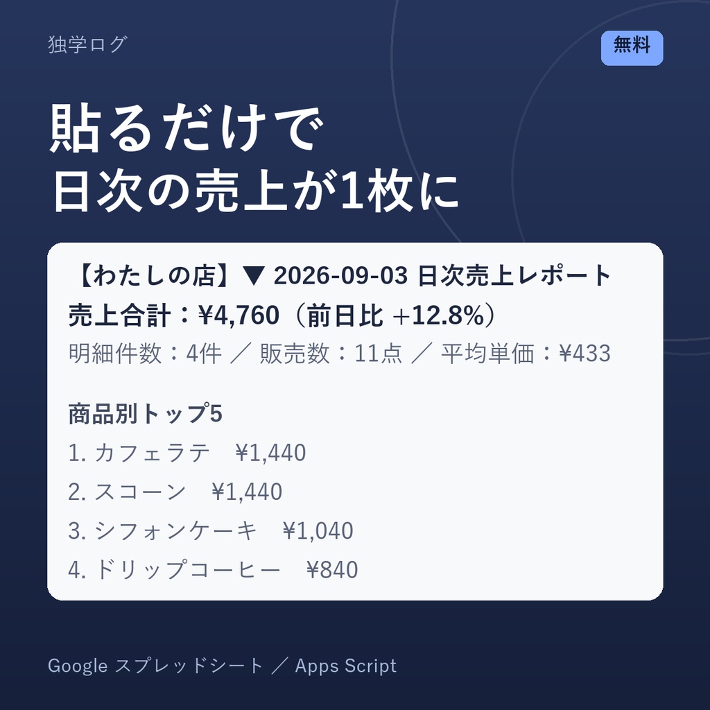 【無料Lite版】【個人店・EC向け】日次売上レポート自動化キット|Googleスプレッドシート+GAS(コード全文つき)