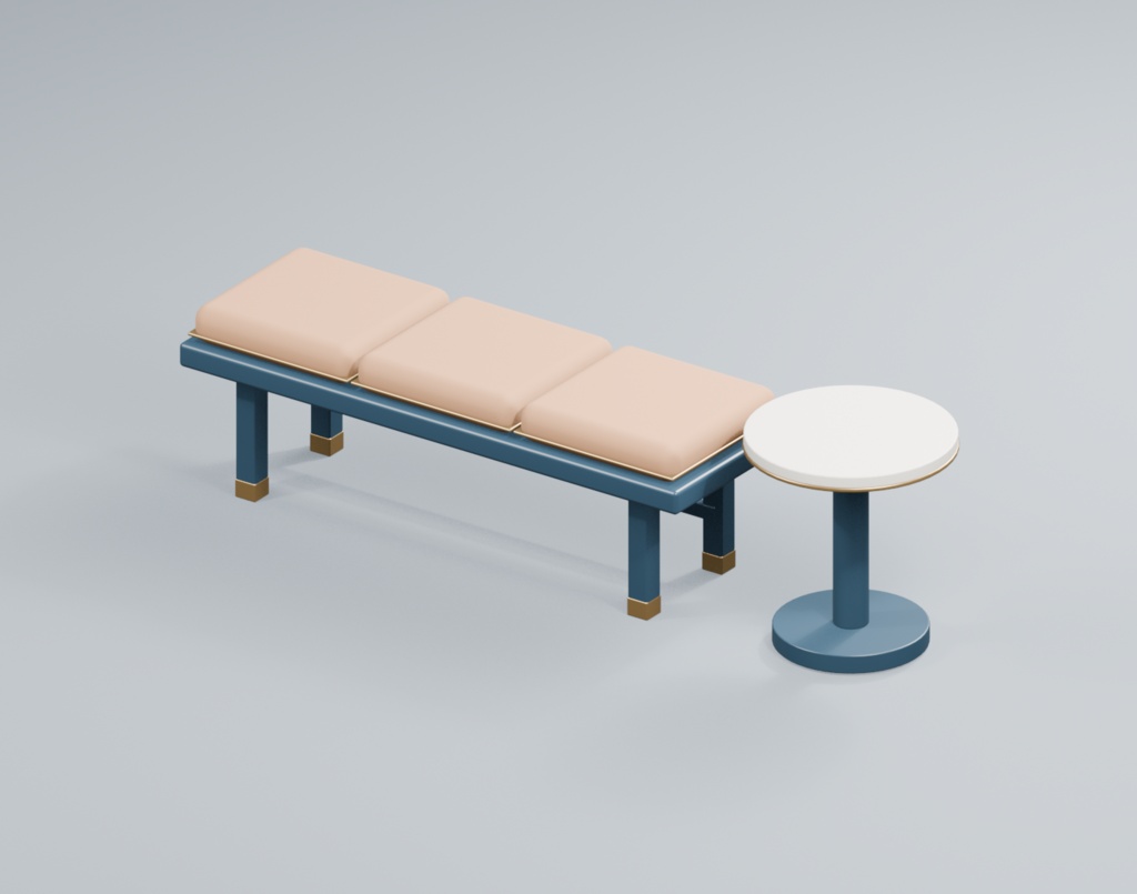 【無料】展示ベンチ＋サイドテーブル｜休憩スペースの3D家具・Blender／GLB