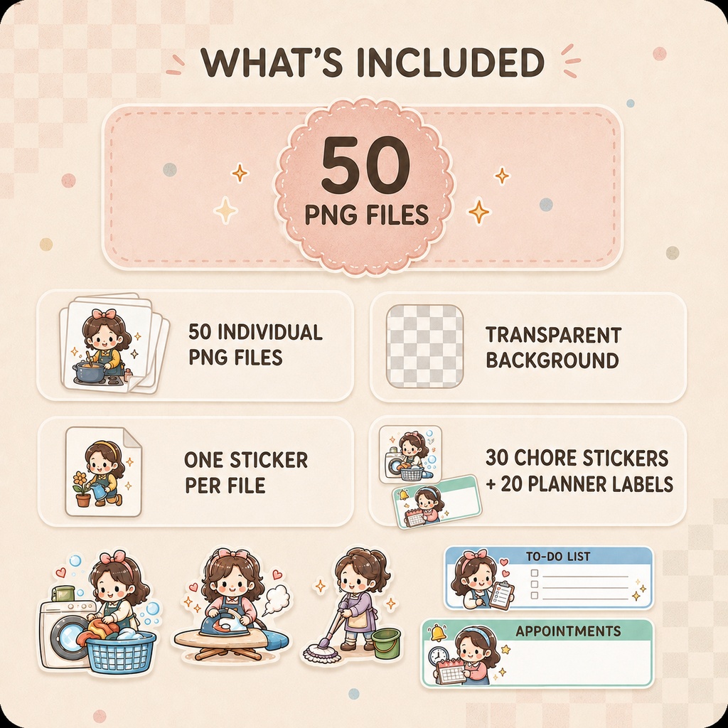 家事デジタルステッカー50点セット|Goodnotes対応・背景透過PNG・手帳デコ・家事管理
