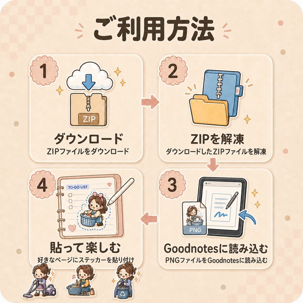 家事デジタルステッカー50点セット|Goodnotes対応・背景透過PNG・手帳デコ・家事管理
