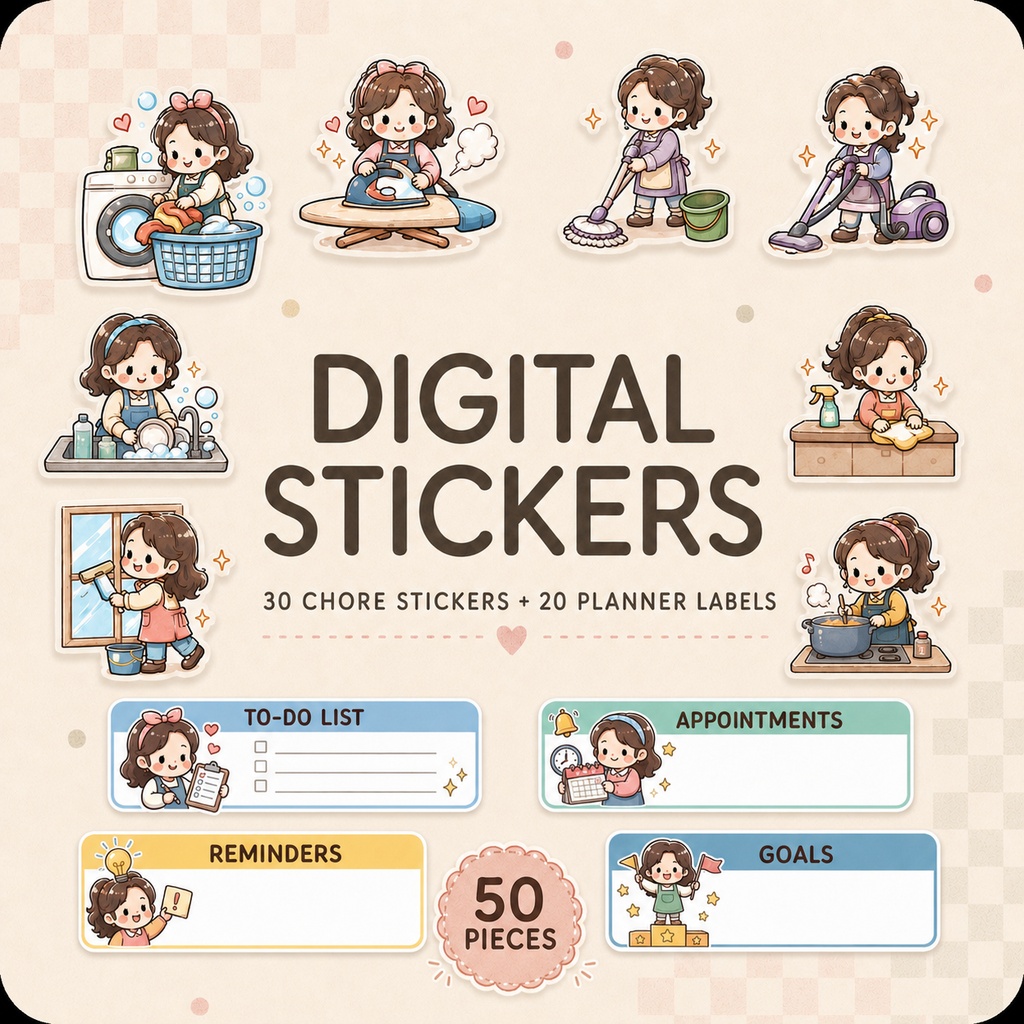 家事デジタルステッカー50点セット｜Goodnotes対応・背景透過PNG・手帳デコ・家事管理