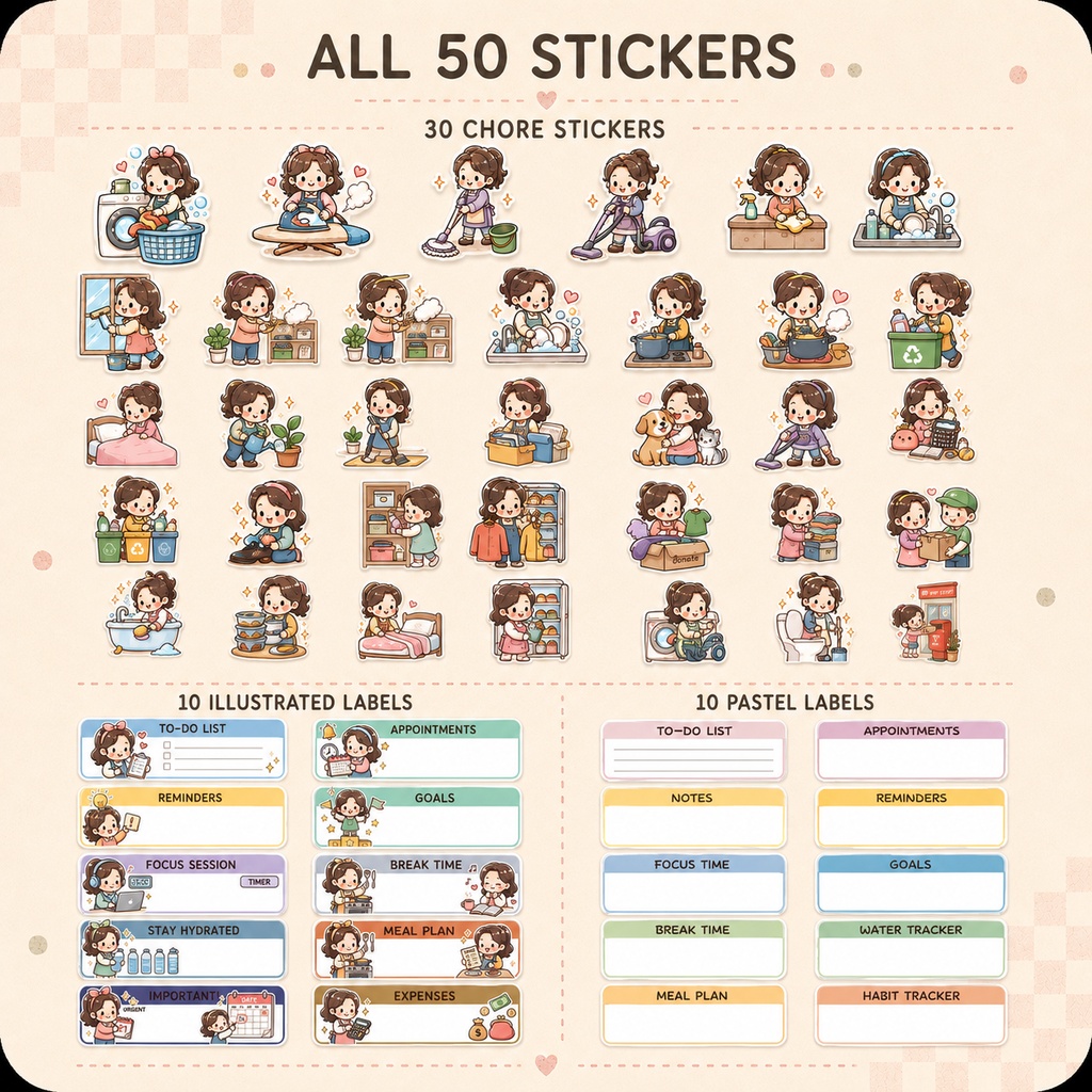 家事デジタルステッカー50点セット|Goodnotes対応・背景透過PNG・手帳デコ・家事管理