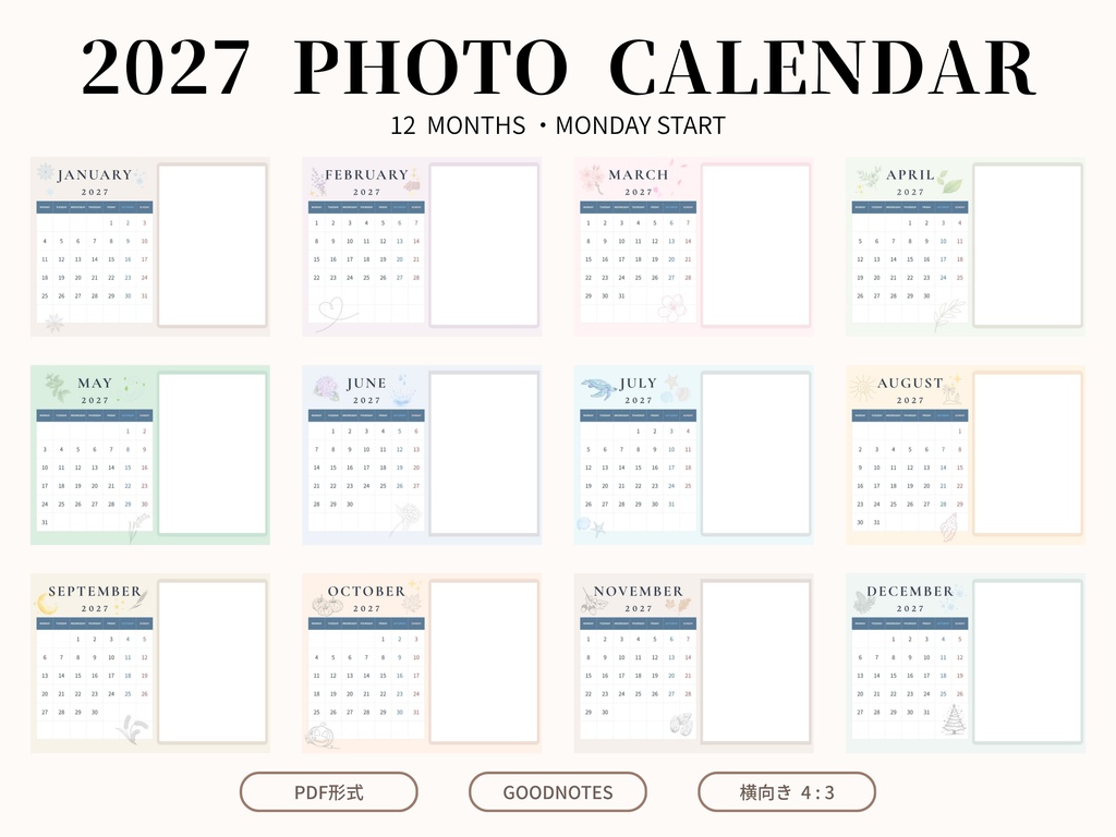 【2027年版】写真を入れられるiPad壁紙カレンダー|Goodnotes対応・月曜始まり・PDF全12か月