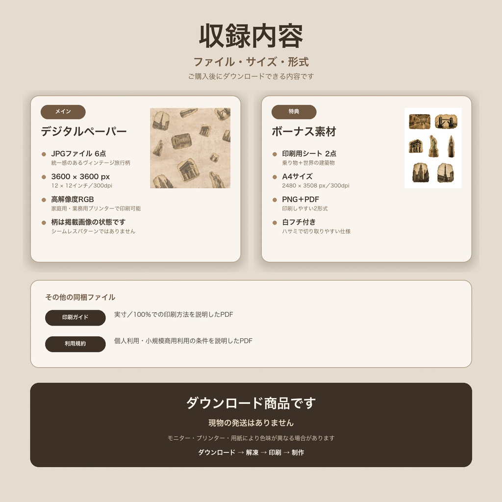 ヴィンテージ旅行デジタルペーパー6柄、印刷できるスクラップブック用紙、乗り物と建築物のジャンクジャーナル素材