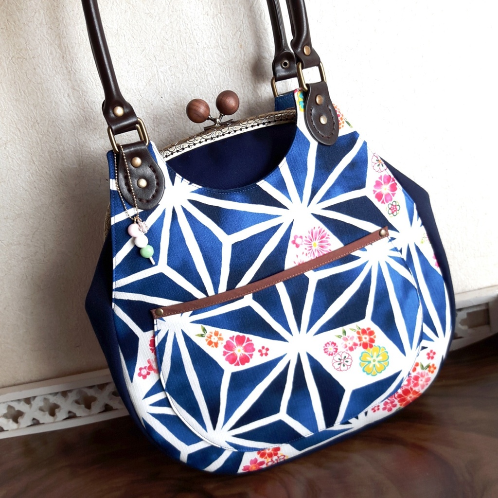 2wayしずく型がま口バッグ(麻の葉 青)