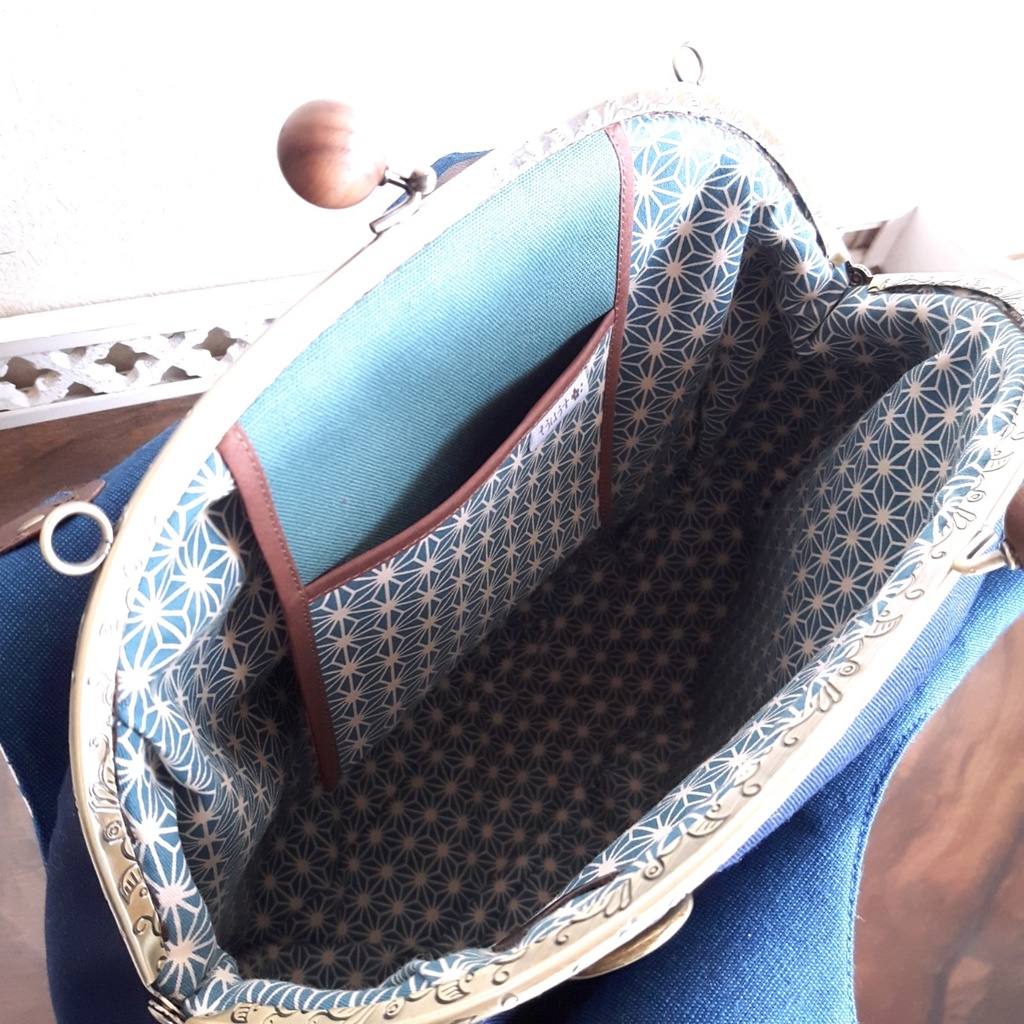 2wayしずく型がま口バッグ(麻の葉 青)